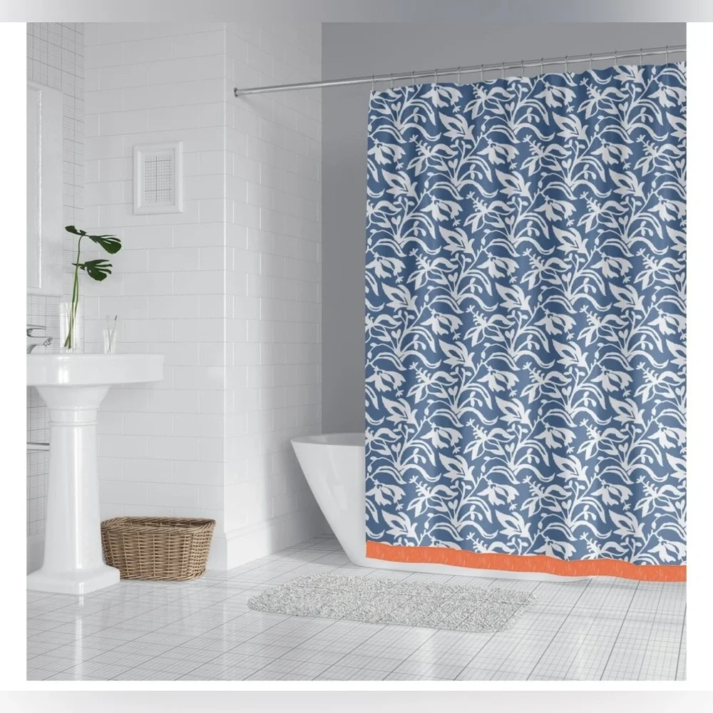 Mainstays Floral Printed Tassel Trim 72” x 72” Fabric Shower Curtain